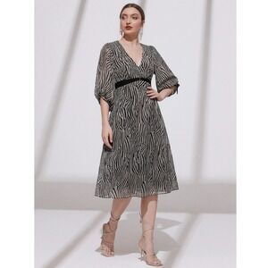 Ted Baker Zebra Print Midi Dress Women Size 2 Black White Excellent Puff Sleeve